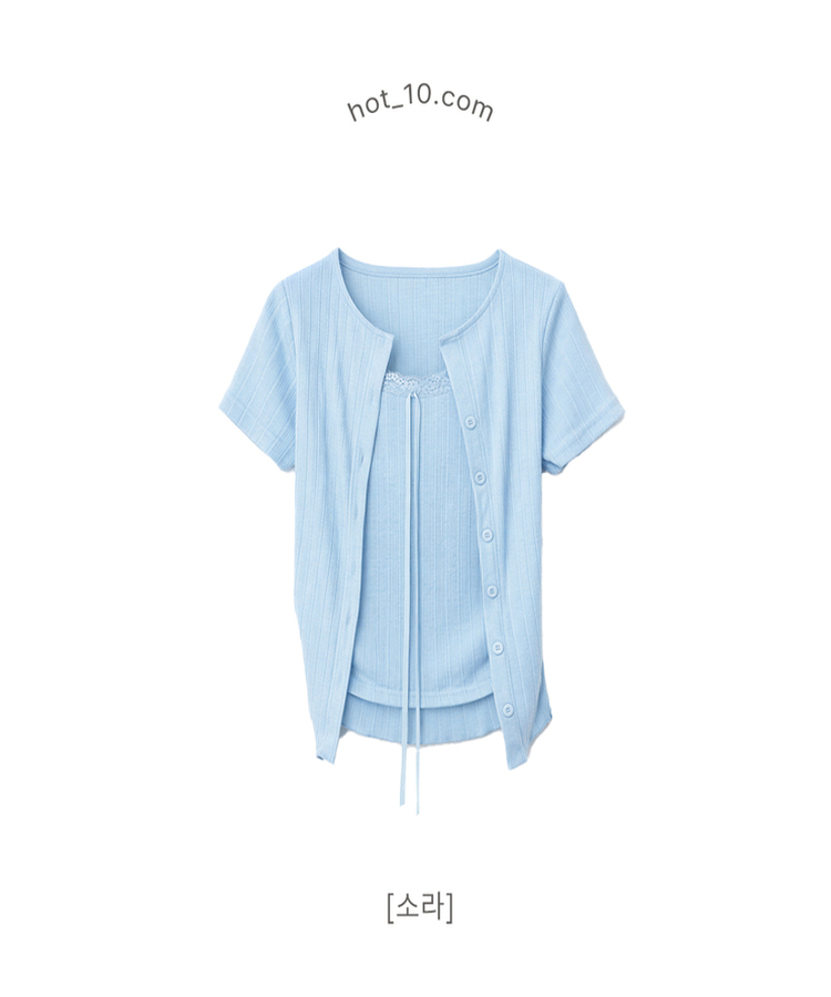 【SET】リボンレースリブトップス 半袖カーディガン