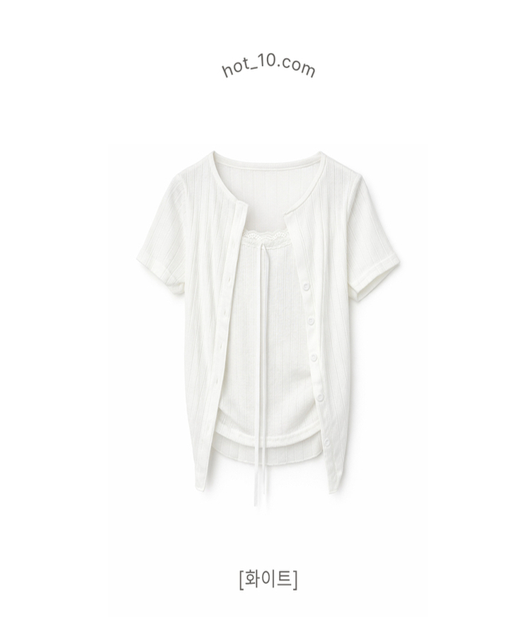 【SET】リボンレースリブトップス 半袖カーディガン