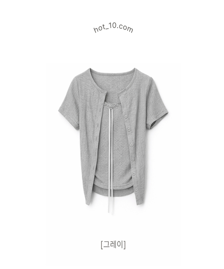 【SET】リボンレースリブトップス 半袖カーディガン