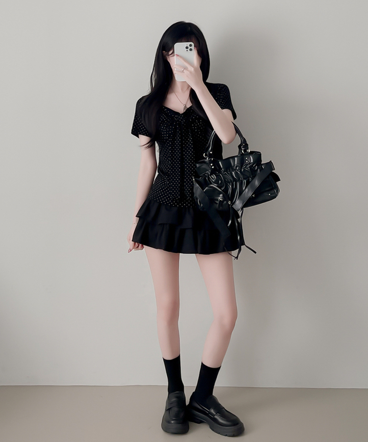 ドットリボンラップ半袖Tシャツ BLACK