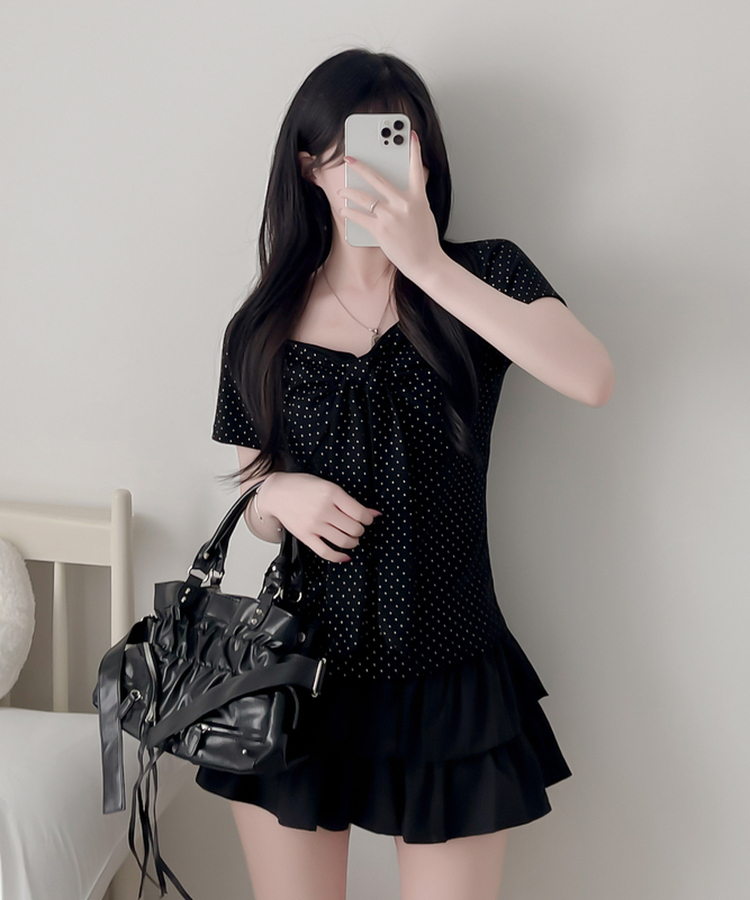 ドットリボンラップ半袖Tシャツ BLACK