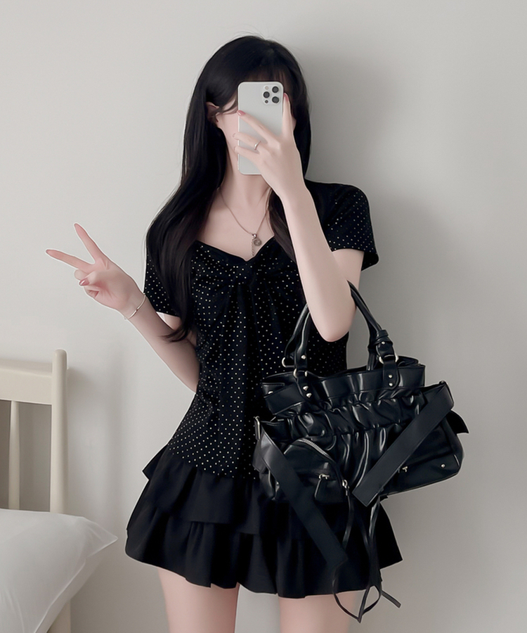 ドットリボンラップ半袖Tシャツ BLACK