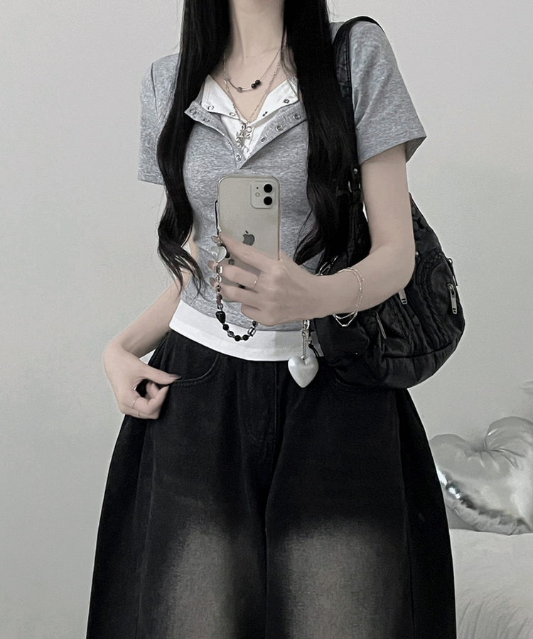 반팔ver키쉬더블버튼또또배색레이어드반팔티셔츠 그레이