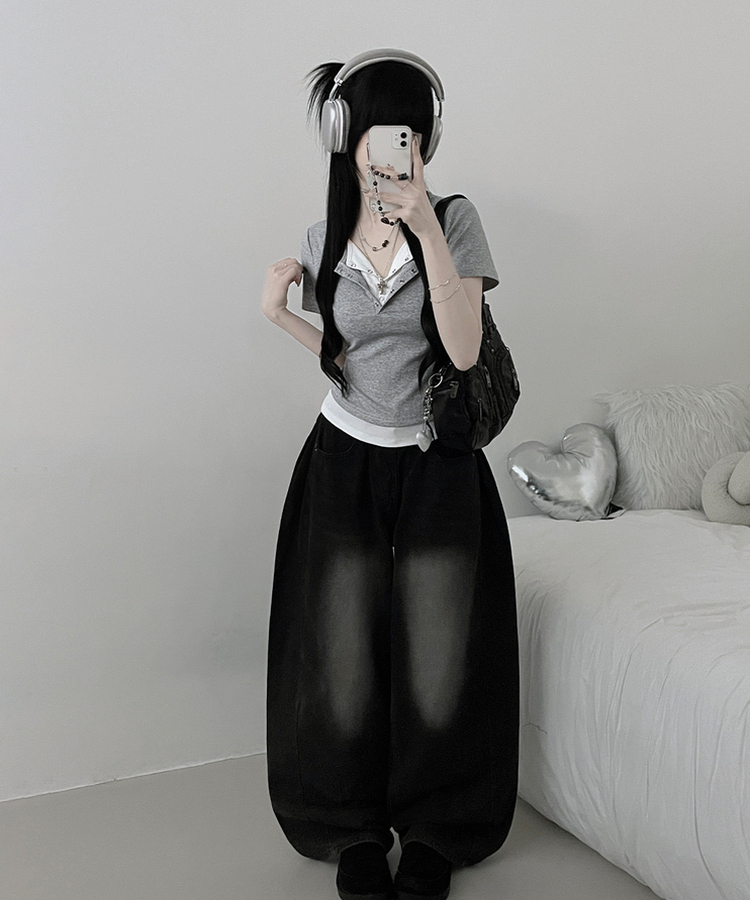 반팔ver키쉬더블버튼또또배색레이어드반팔티셔츠 그레이
