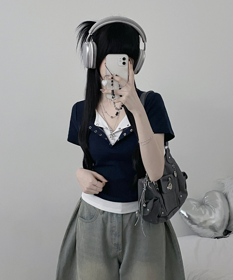 반팔ver키쉬더블버튼또또배색레이어드반팔티셔츠 네이비