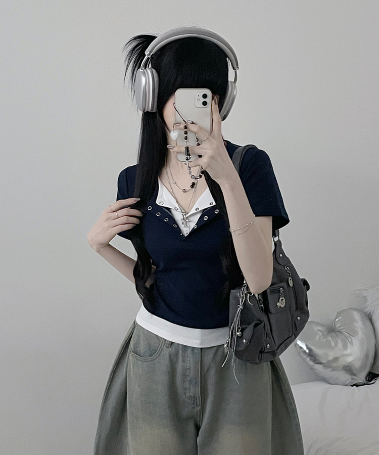 반팔ver키쉬더블버튼또또배색레이어드반팔티셔츠 네이비