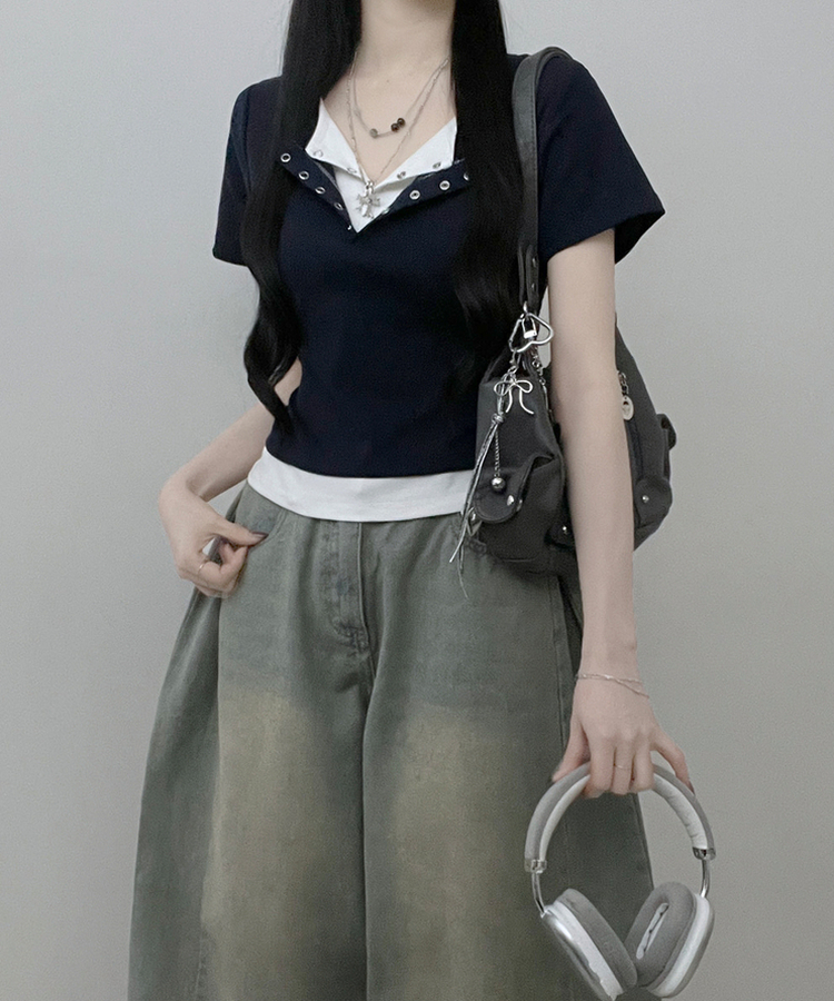 반팔ver키쉬더블버튼또또배색레이어드반팔티셔츠 네이비
