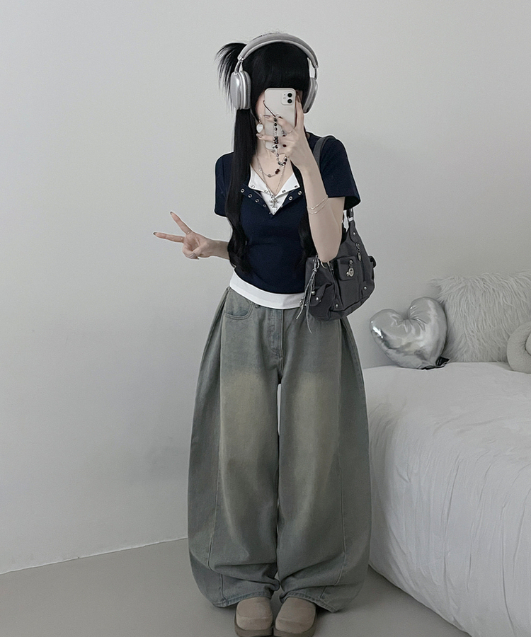 반팔ver키쉬더블버튼또또배색레이어드반팔티셔츠 네이비