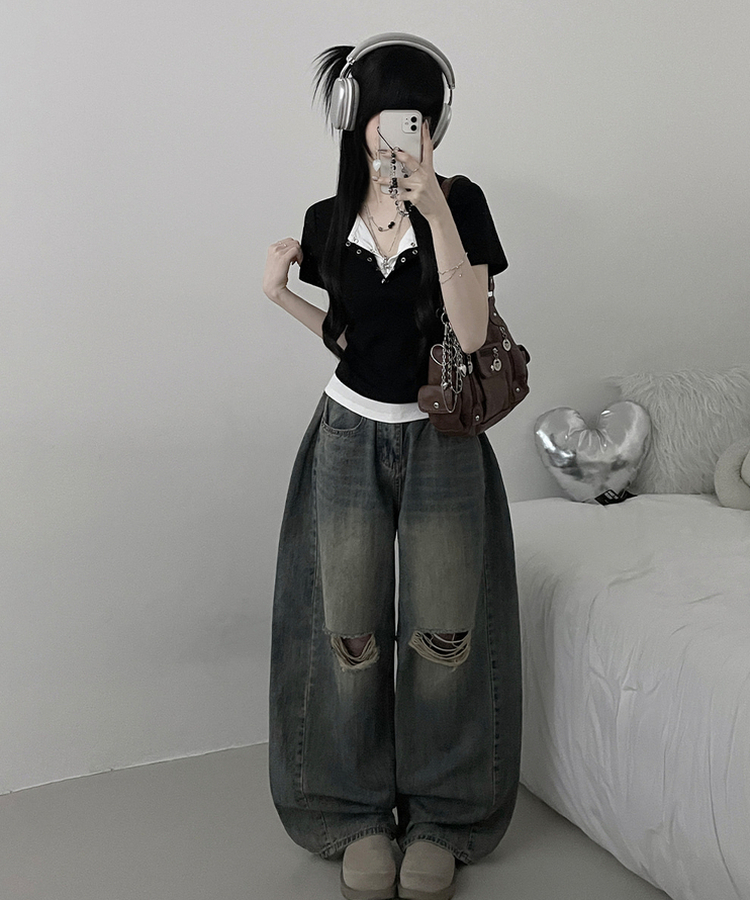 반팔ver키쉬더블버튼또또배색레이어드반팔티셔츠 블랙