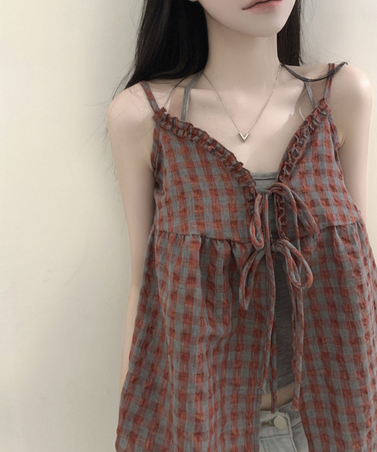 【SET】チェックリボンブラウス＋無地キャミソール red