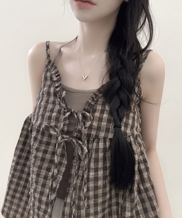 【SET】チェックリボンブラウス＋無地キャミソール CAMEL