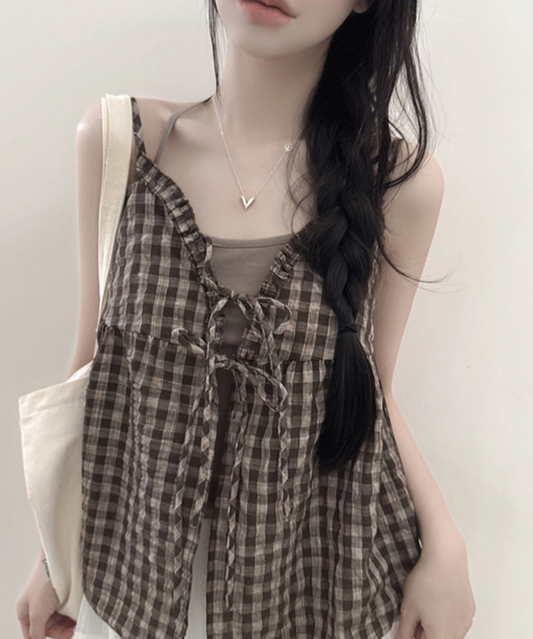 【SET】チェックリボンブラウス＋無地キャミソール CAMEL