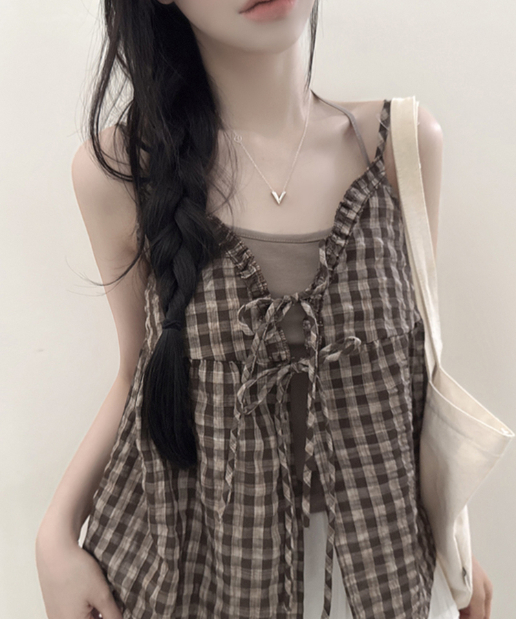 【SET】チェックリボンブラウス＋無地キャミソール CAMEL