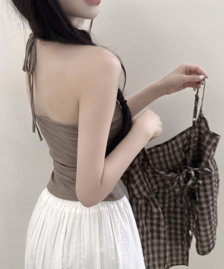 【SET】チェックリボンブラウス＋無地キャミソール CAMEL