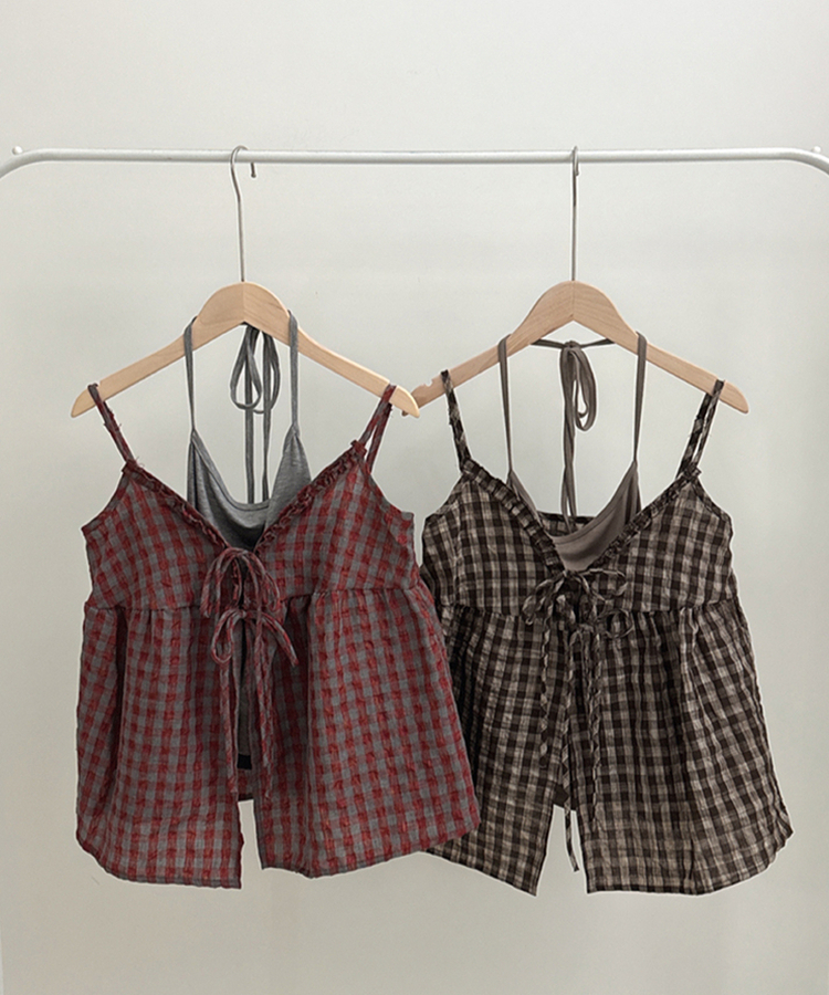 【SET】チェックリボンブラウス＋無地キャミソール
