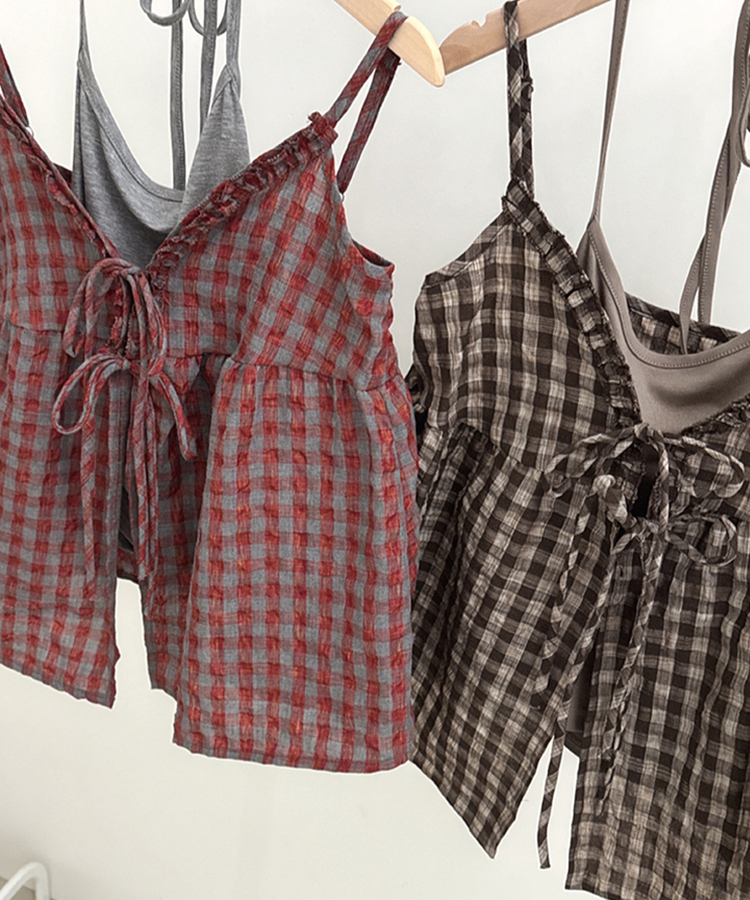 【SET】チェックリボンブラウス＋無地キャミソール