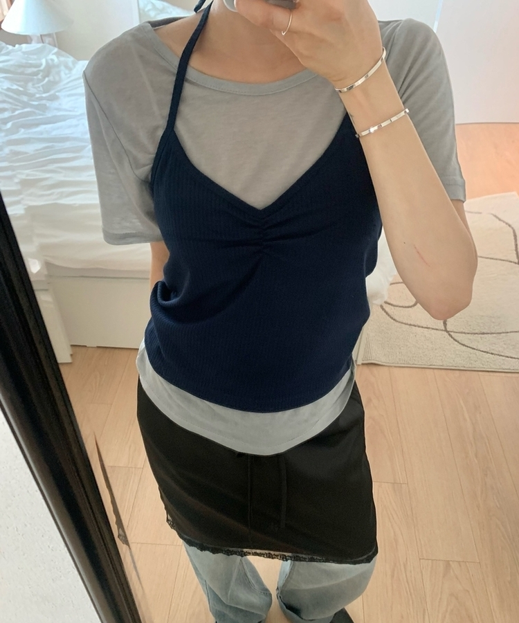 【SET】ホルターネックVキャミソール＋半袖Tシャツ GREY
