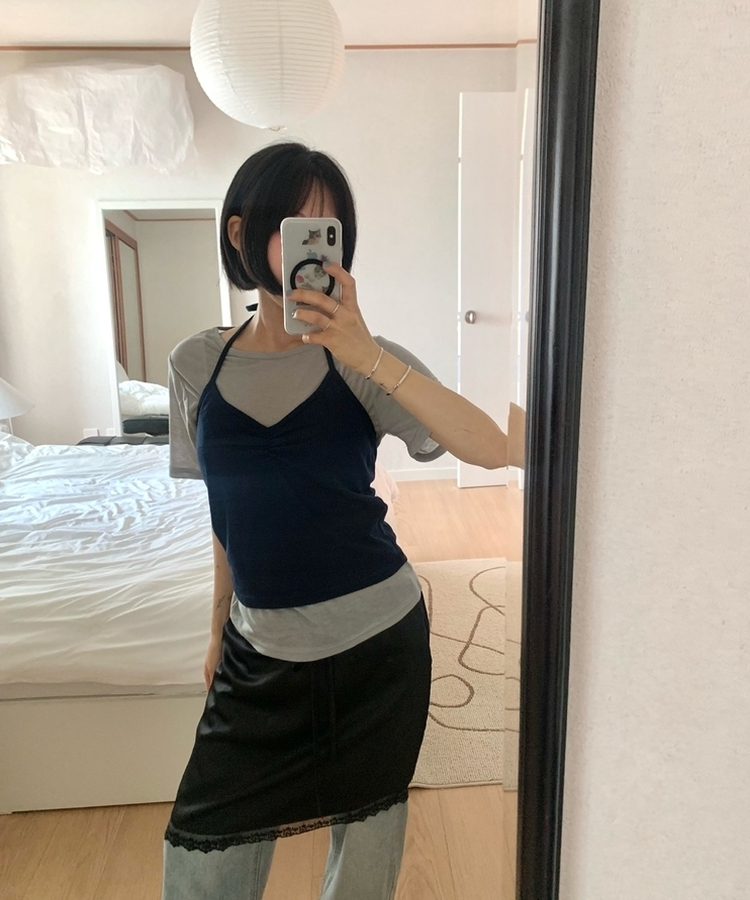 【SET】ホルターネックVキャミソール＋半袖Tシャツ GREY