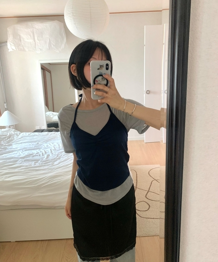 【SET】ホルターネックVキャミソール＋半袖Tシャツ GREY