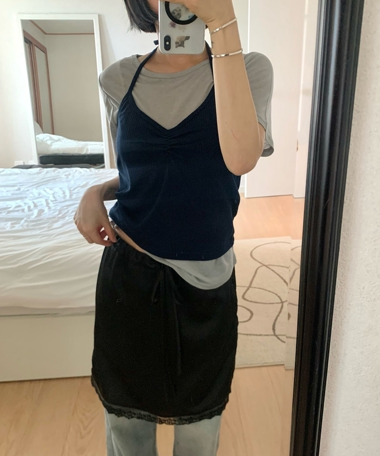 【SET】ホルターネックVキャミソール＋半袖Tシャツ GREY