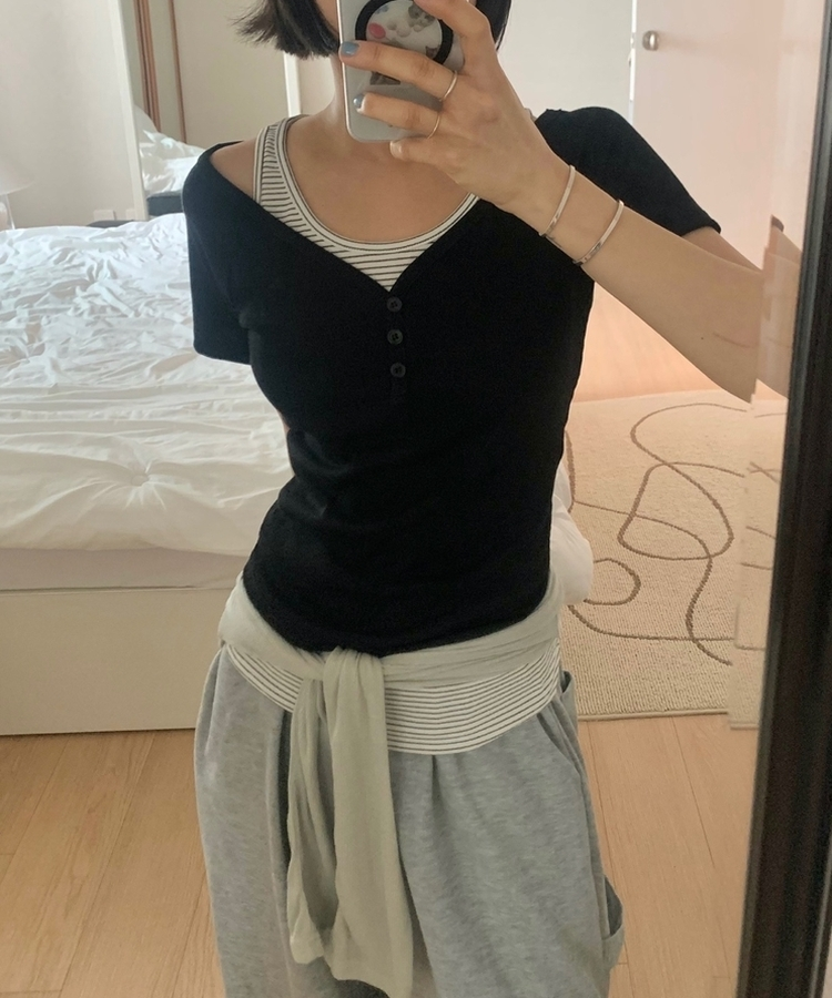 【SET】ストライプホルターキャミソール 半袖Tシャツ BLACK