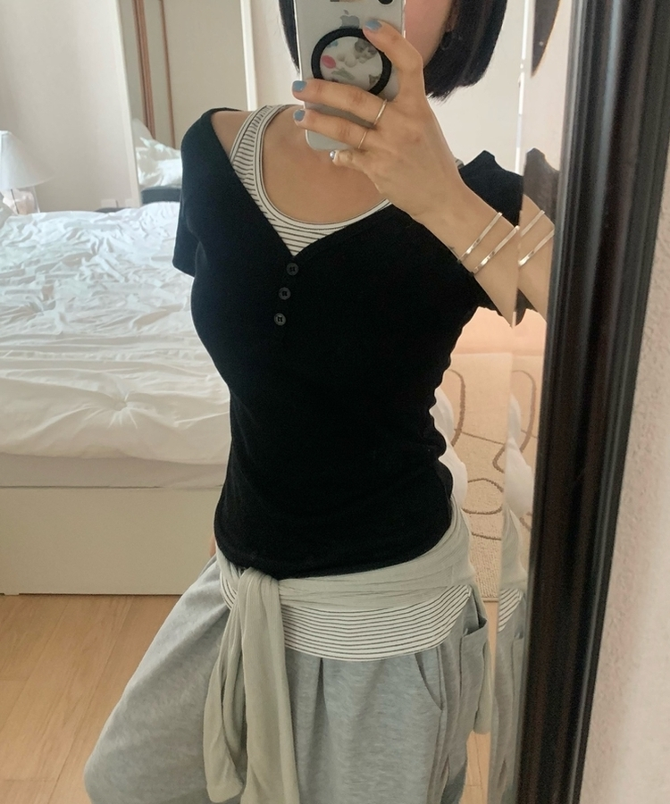 【SET】ストライプホルターキャミソール 半袖Tシャツ BLACK