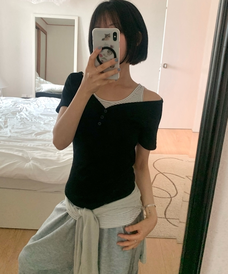 【SET】ストライプホルターキャミソール 半袖Tシャツ BLACK