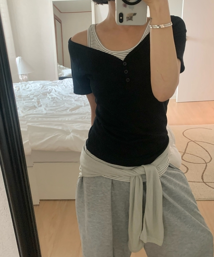 【SET】ストライプホルターキャミソール 半袖Tシャツ BLACK