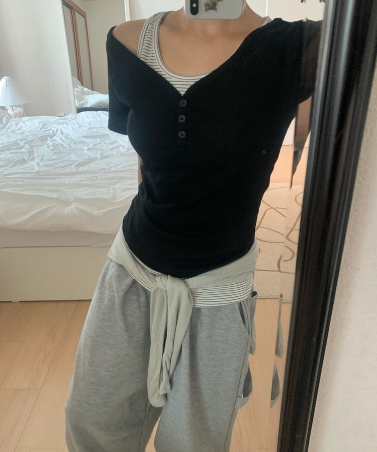 【SET】ストライプホルターキャミソール 半袖Tシャツ BLACK