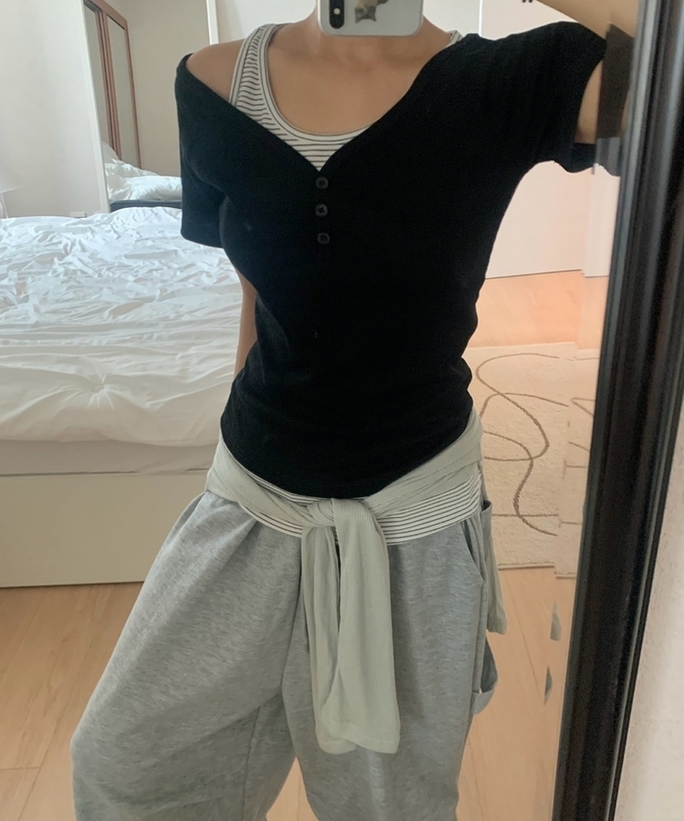 【SET】ストライプホルターキャミソール 半袖Tシャツ BLACK