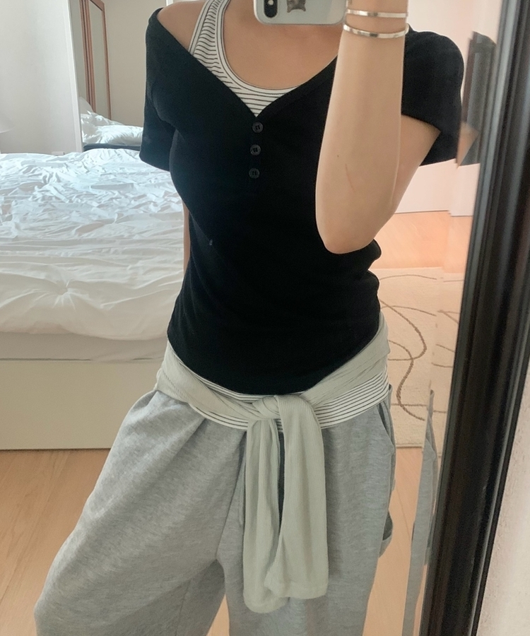 【SET】ストライプホルターキャミソール 半袖Tシャツ BLACK