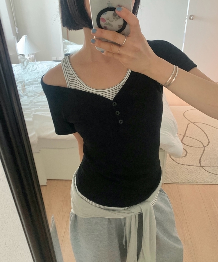 【SET】ストライプホルターキャミソール 半袖Tシャツ BLACK