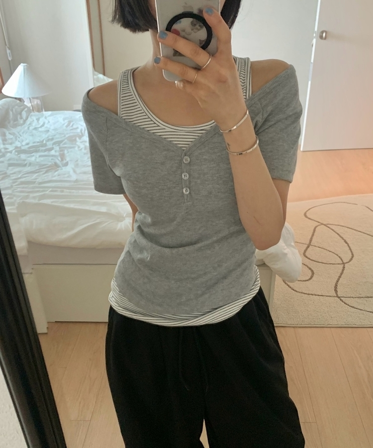 【SET】ストライプホルターキャミソール 半袖Tシャツ MELANGE