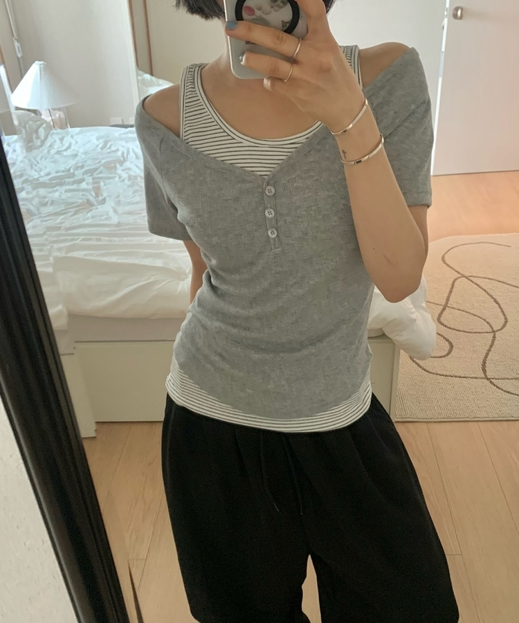 【SET】ストライプホルターキャミソール 半袖Tシャツ MELANGE