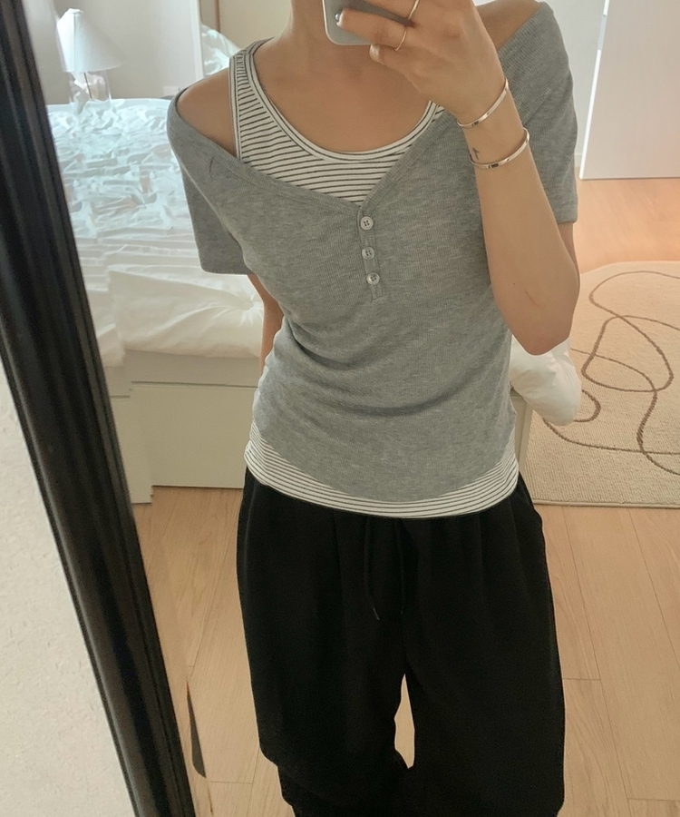 【SET】ストライプホルターキャミソール 半袖Tシャツ MELANGE