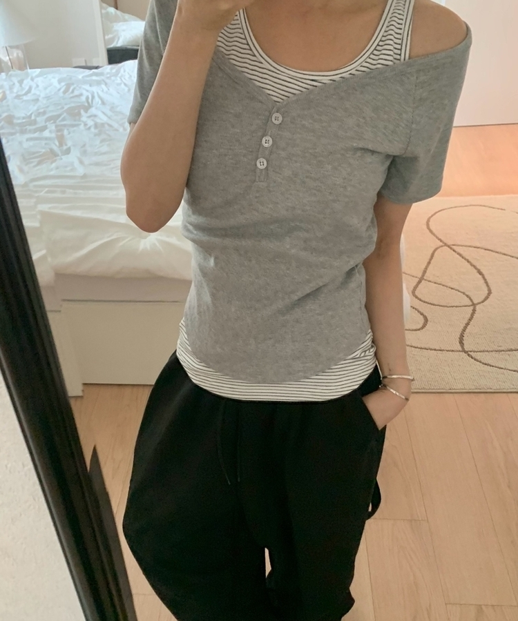 【SET】ストライプホルターキャミソール 半袖Tシャツ MELANGE