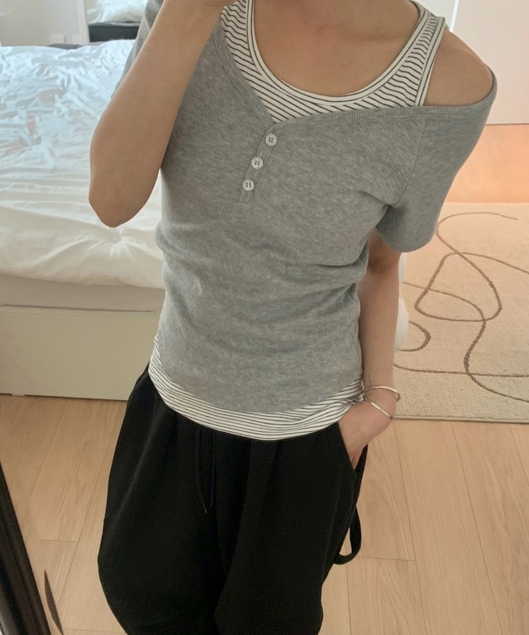 【SET】ストライプホルターキャミソール 半袖Tシャツ MELANGE