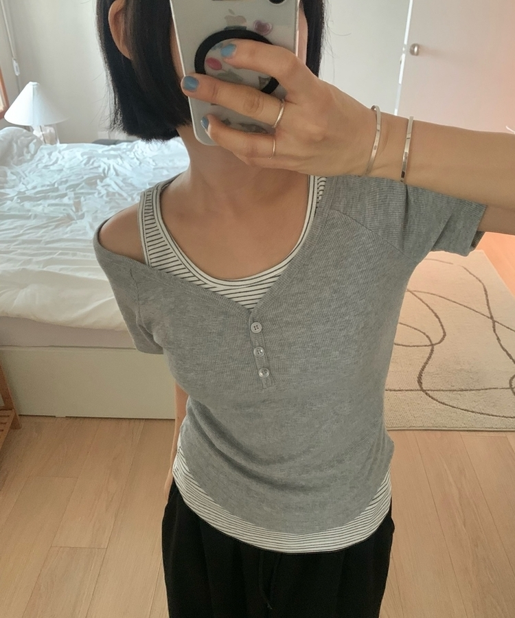 【SET】ストライプホルターキャミソール 半袖Tシャツ MELANGE