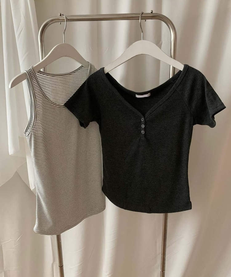 【SET】ストライプホルターキャミソール 半袖Tシャツ