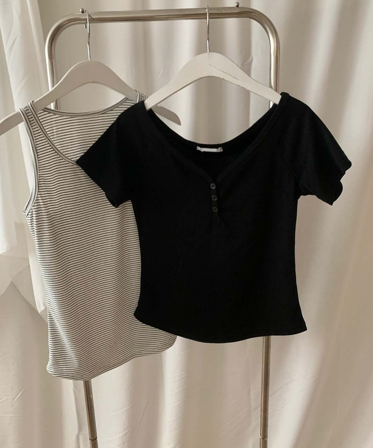 【SET】ストライプホルターキャミソール 半袖Tシャツ