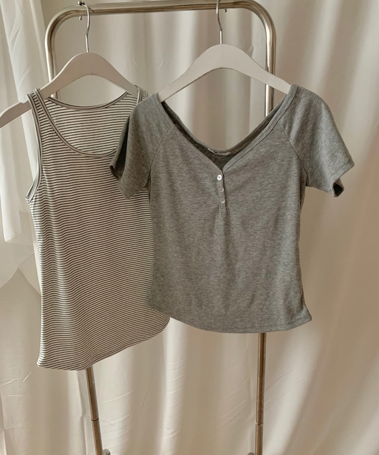 【SET】ストライプホルターキャミソール 半袖Tシャツ