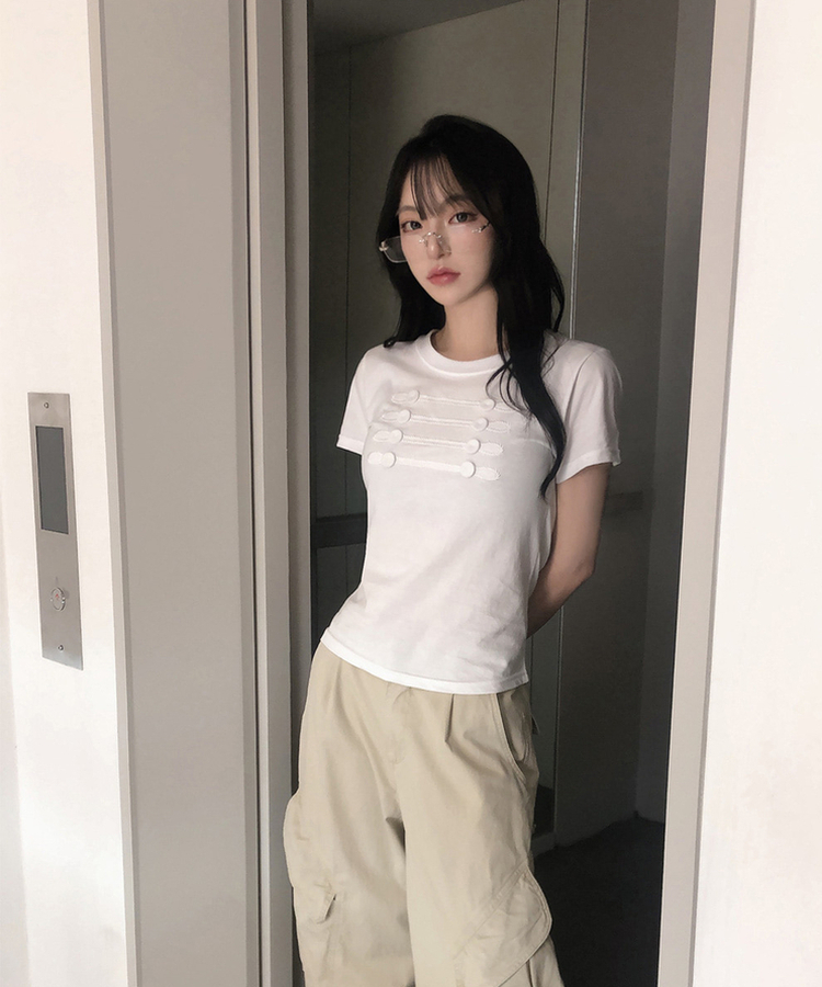 ナポレオンボタン刺繍半袖Tシャツ WHITE