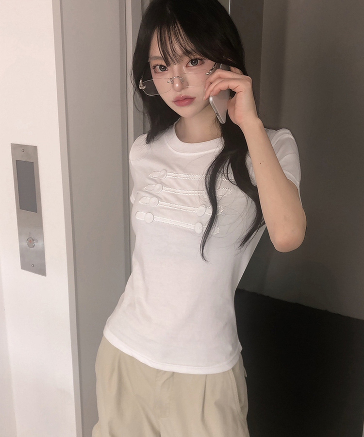 ナポレオンボタン刺繍半袖Tシャツ WHITE