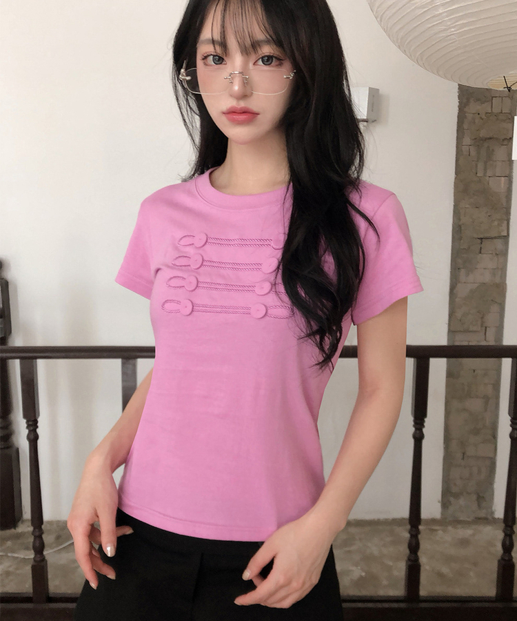 ナポレオンボタン刺繍半袖Tシャツ PINK