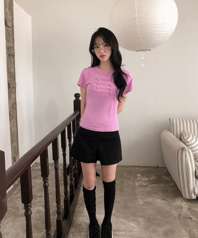 ナポレオンボタン刺繍半袖Tシャツ PINK