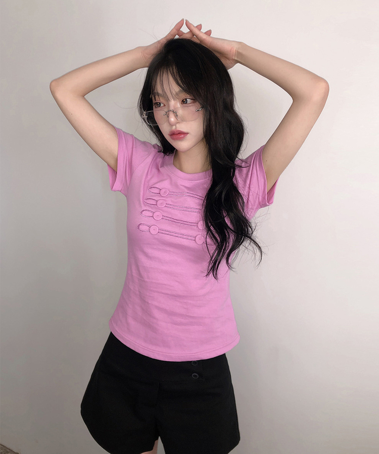 ナポレオンボタン刺繍半袖Tシャツ PINK