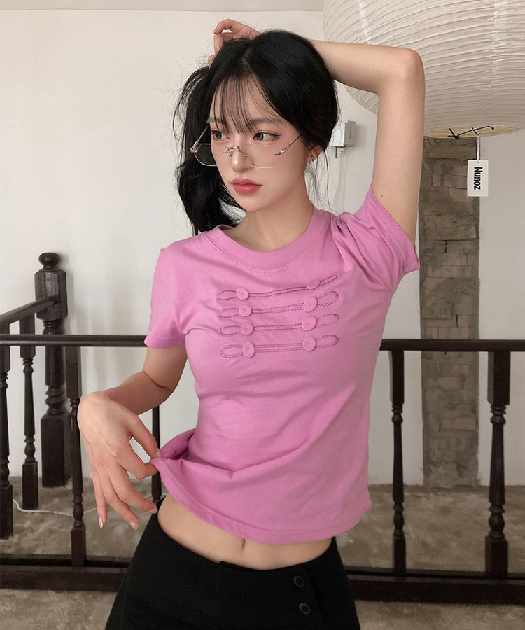 ナポレオンボタン刺繍半袖Tシャツ PINK