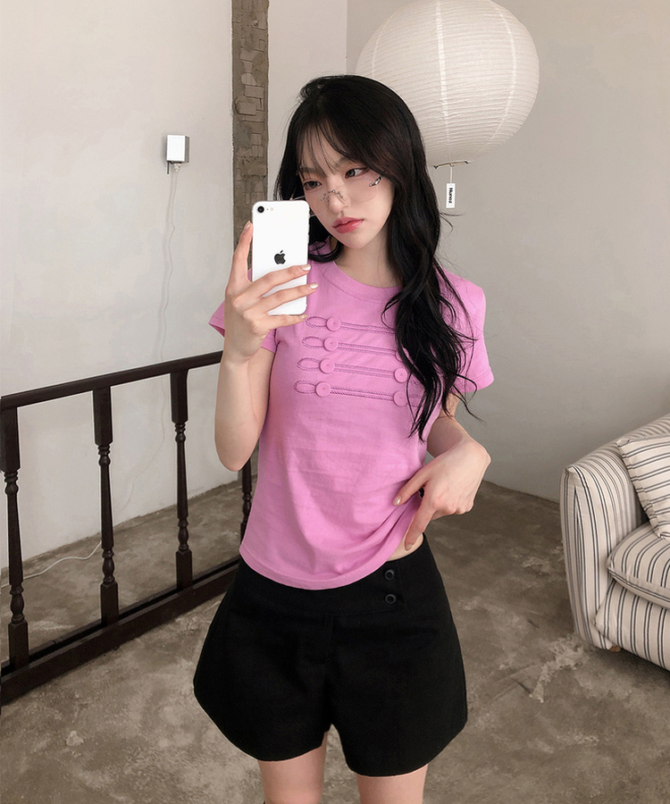 ナポレオンボタン刺繍半袖Tシャツ PINK
