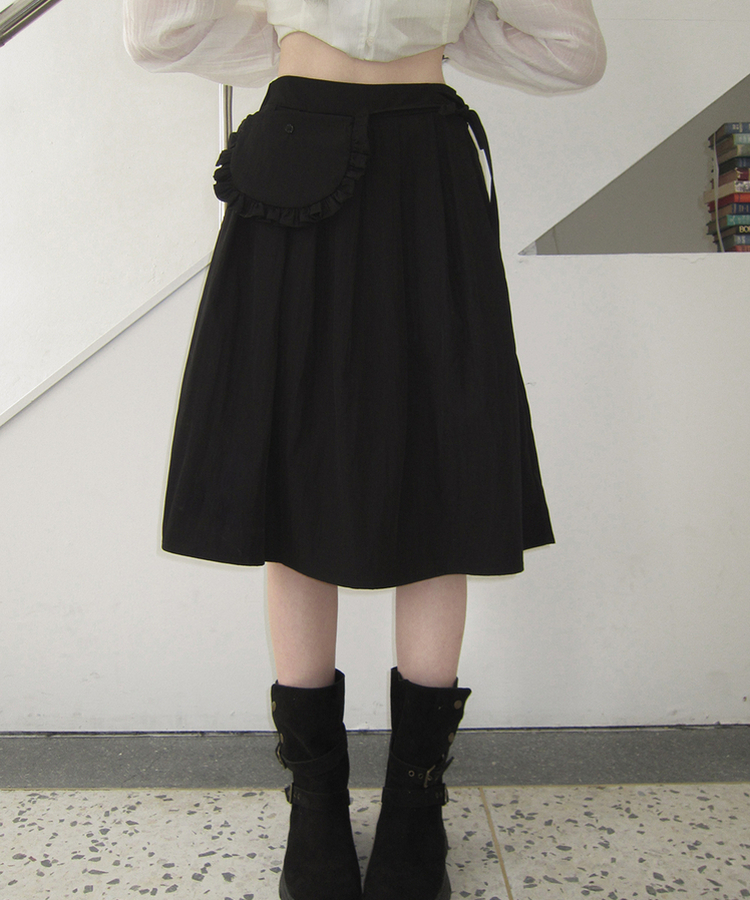 【ベルト付き】Aラインフレアミディスカート BLACK