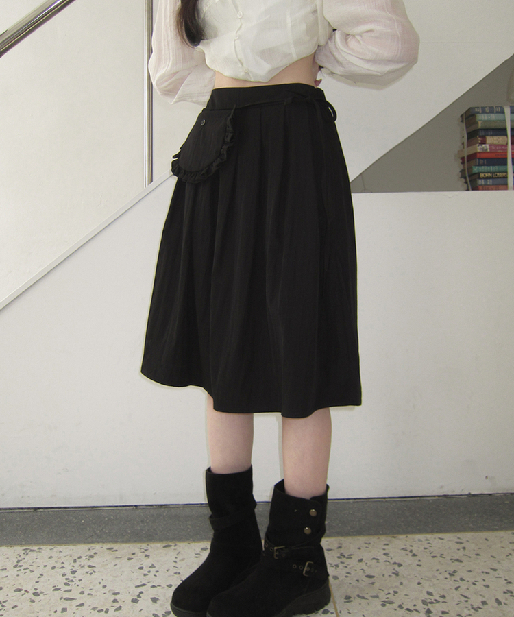 【ベルト付き】Aラインフレアミディスカート BLACK